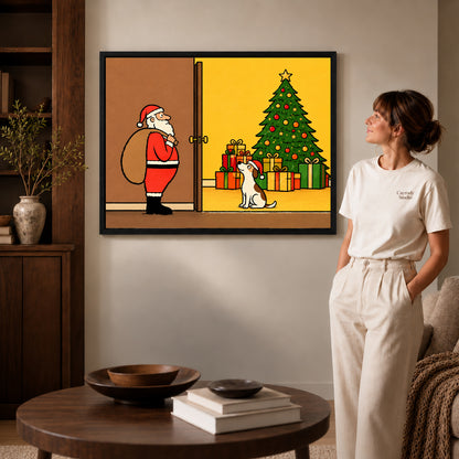 Santa Dog Canvas Art inside a black frame in a softly lit living room with books.