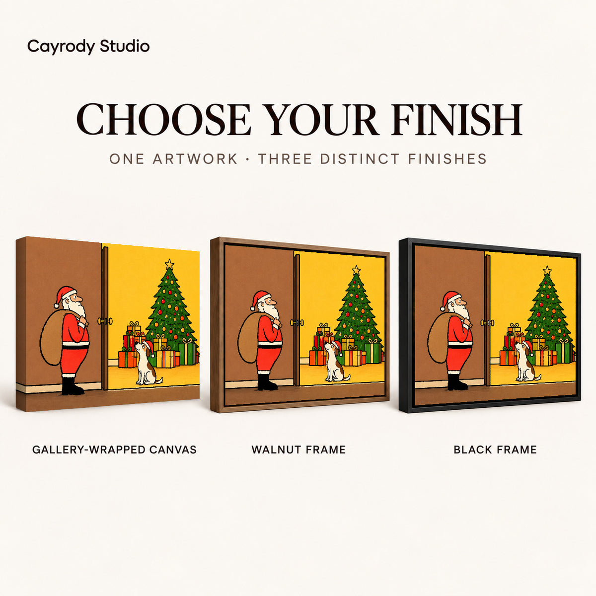 Santa Dog Canvas Art shown in gallery wrapped canvas, walnut frame, and black frame finishes.