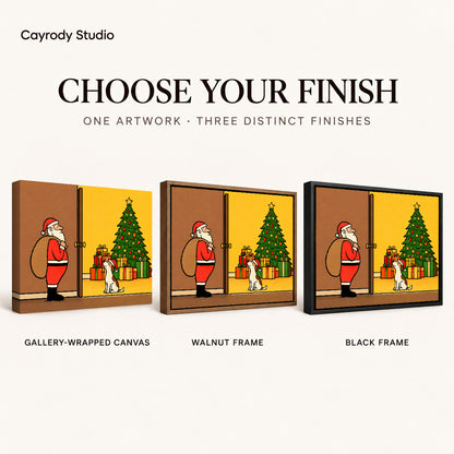 Santa Dog Canvas Art shown in gallery wrapped canvas, walnut frame, and black frame finishes.