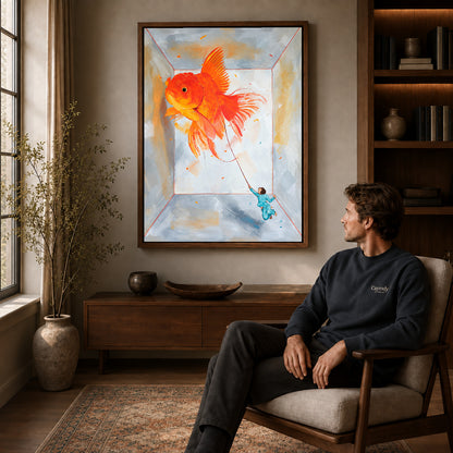 Goldfish Canvas Art displayed in a walnut frame above wooden furniture beside a seated man.