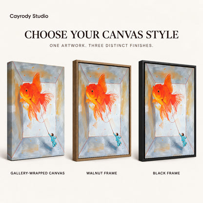 Goldfish Canvas Art shown in gallery wrapped canvas, walnut frame, and black frame finishes.