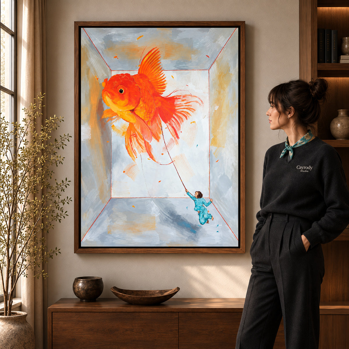 Walnut framed goldfish canvas art with the complete artwork displayed in a warm living room.