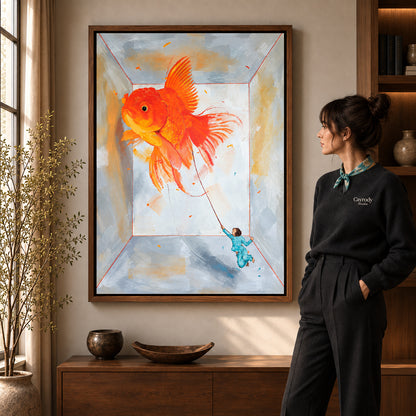 Walnut framed goldfish canvas art with the complete artwork displayed in a warm living room.
