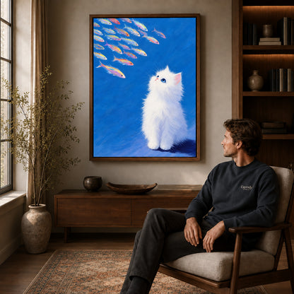Kitten Canvas Art displayed in a walnut frame above wooden furniture beside a seated man.