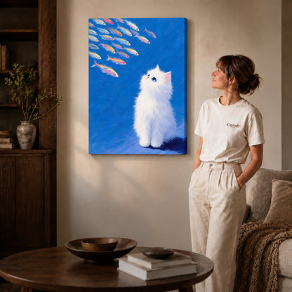 Kitten Canvas Art on gallery wrapped canvas with visible depth beside a woman in white.
