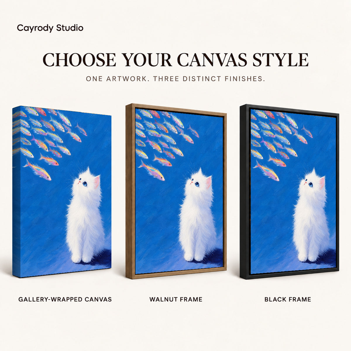 Kitten Canvas Art shown in gallery wrapped canvas, walnut frame, and black frame finishes.