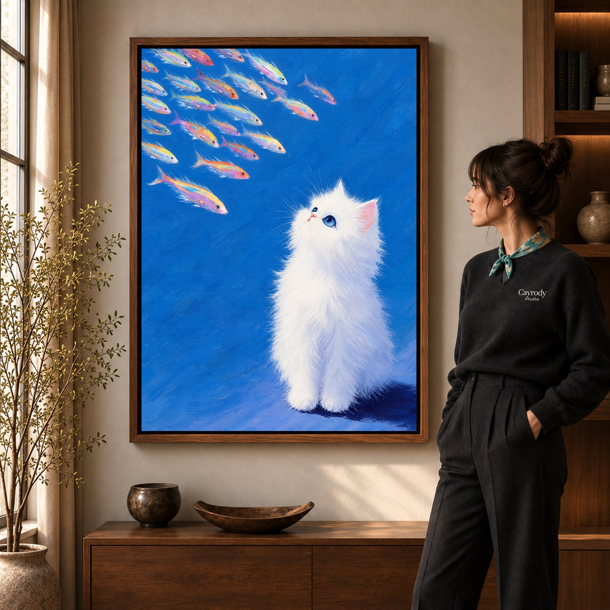 Walnut framed kitten canvas art with the complete artwork displayed in a warm living room.