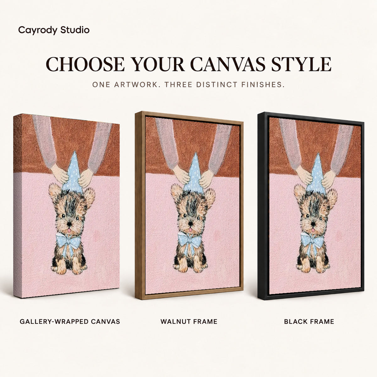 Birthday Puppy Canvas Art shown in gallery wrapped canvas, walnut frame, and black frame finishes.
