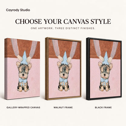 Birthday Puppy Canvas Art shown in gallery wrapped canvas, walnut frame, and black frame finishes.