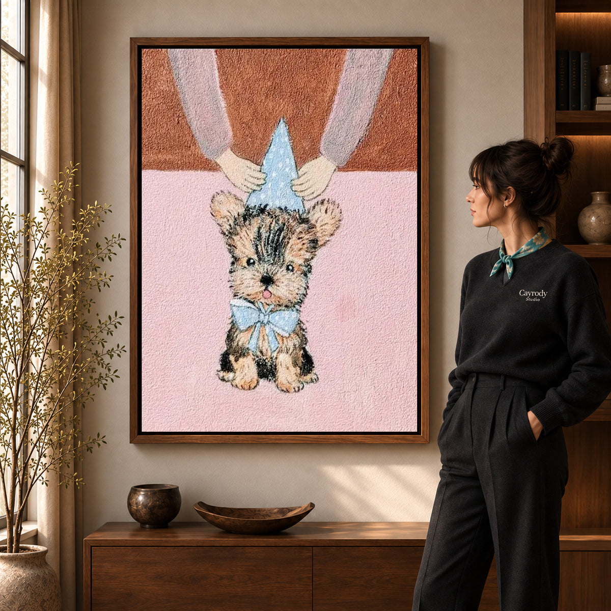 Walnut framed birthday puppy canvas art with the complete artwork displayed in a warm living room.