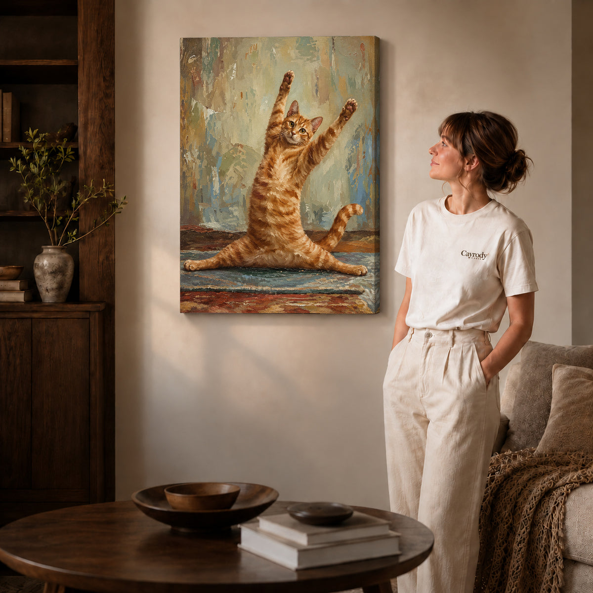 Funny Cat Canvas Art on gallery wrapped canvas with visible depth beside a woman in white.