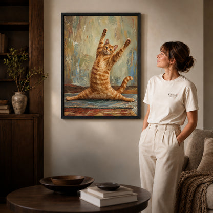 Funny Cat Canvas Art inside a black frame in a softly lit living room with books.