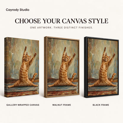 Funny Cat Canvas Art shown in gallery wrapped canvas, walnut frame, and black frame finishes.