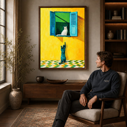 Window Cat Canvas Art displayed in a walnut frame above wooden furniture beside a seated man.