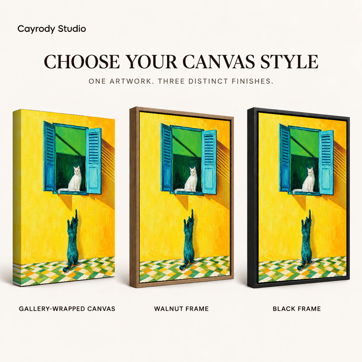 Window Cat Canvas Art shown in gallery wrapped canvas, walnut frame, and black frame finishes.
