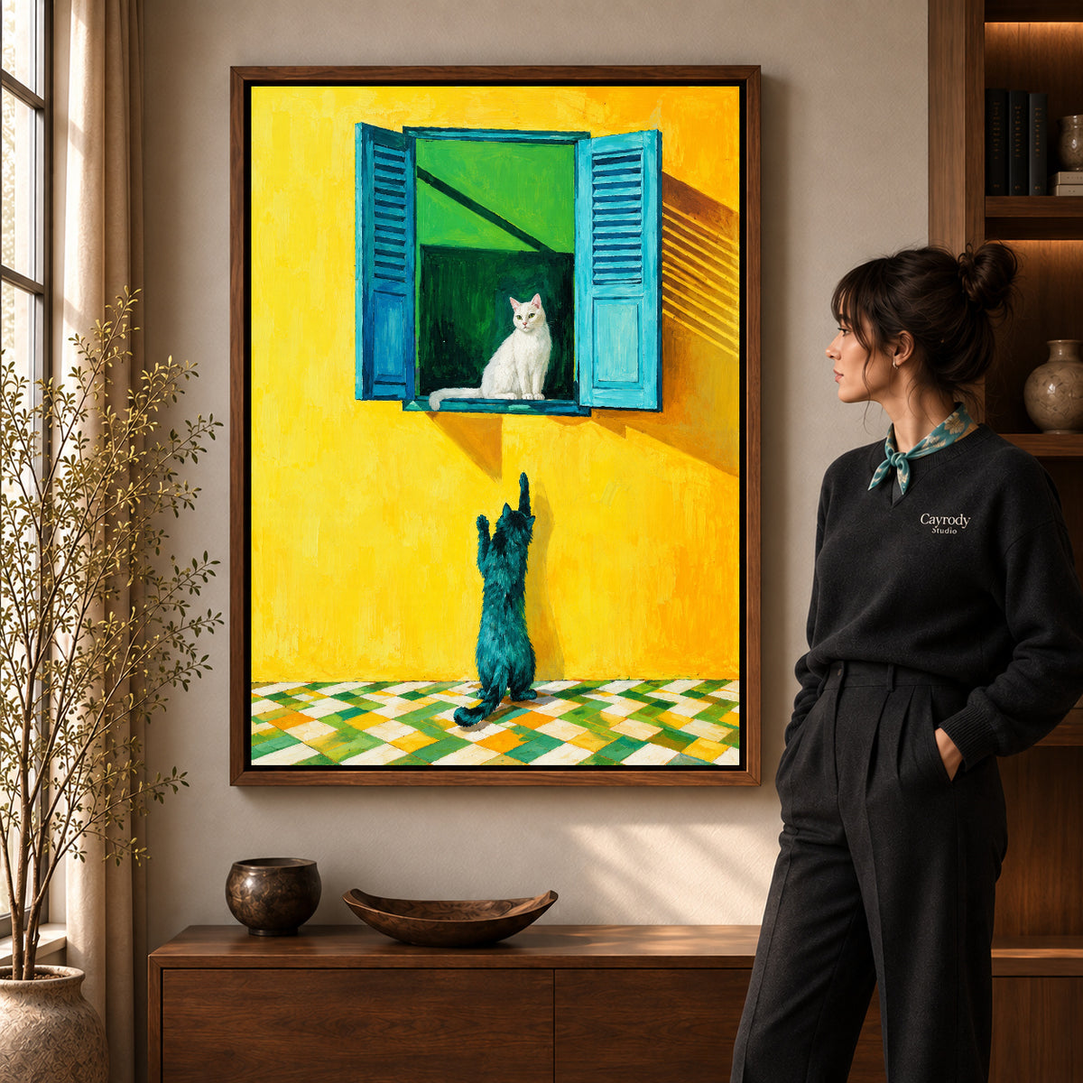 Walnut framed window cat canvas art with the complete artwork displayed in a warm living room.