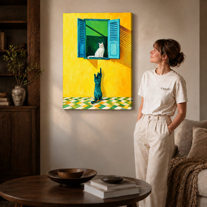 Gallery wrapped window cat canvas art showing dimensional edges and soft shadows in a living room.