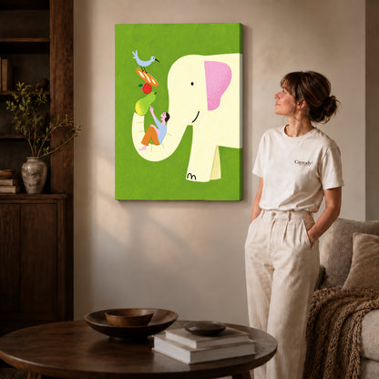 Elephant Canvas Art on gallery wrapped canvas with visible depth beside a woman in white.