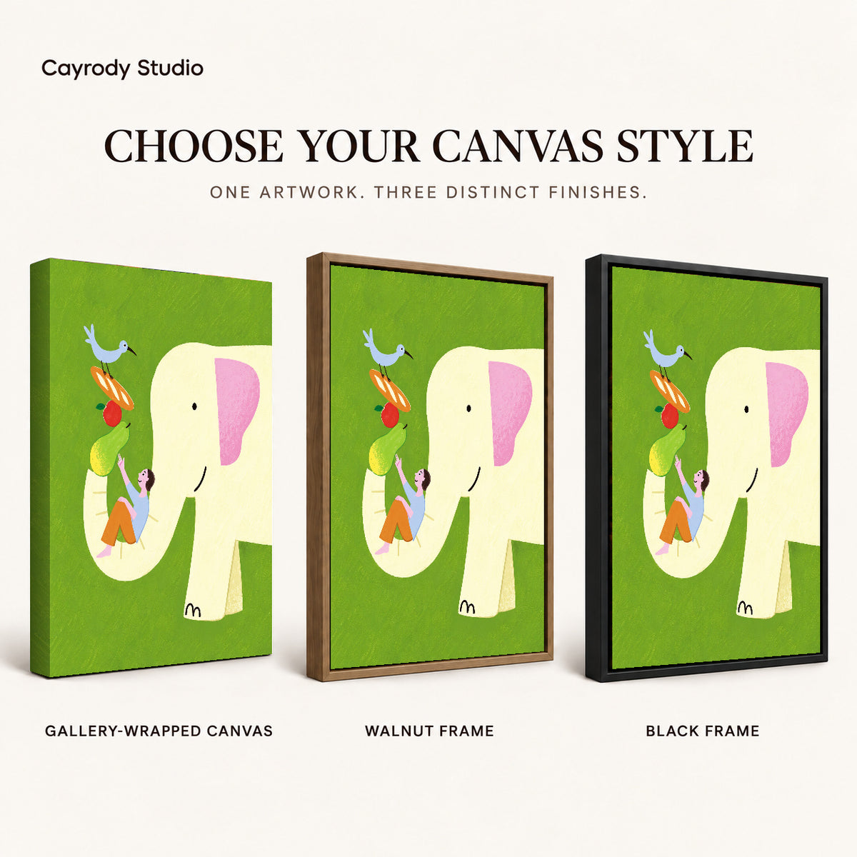 Elephant Canvas Art shown in gallery wrapped canvas, walnut frame, and black frame finishes.