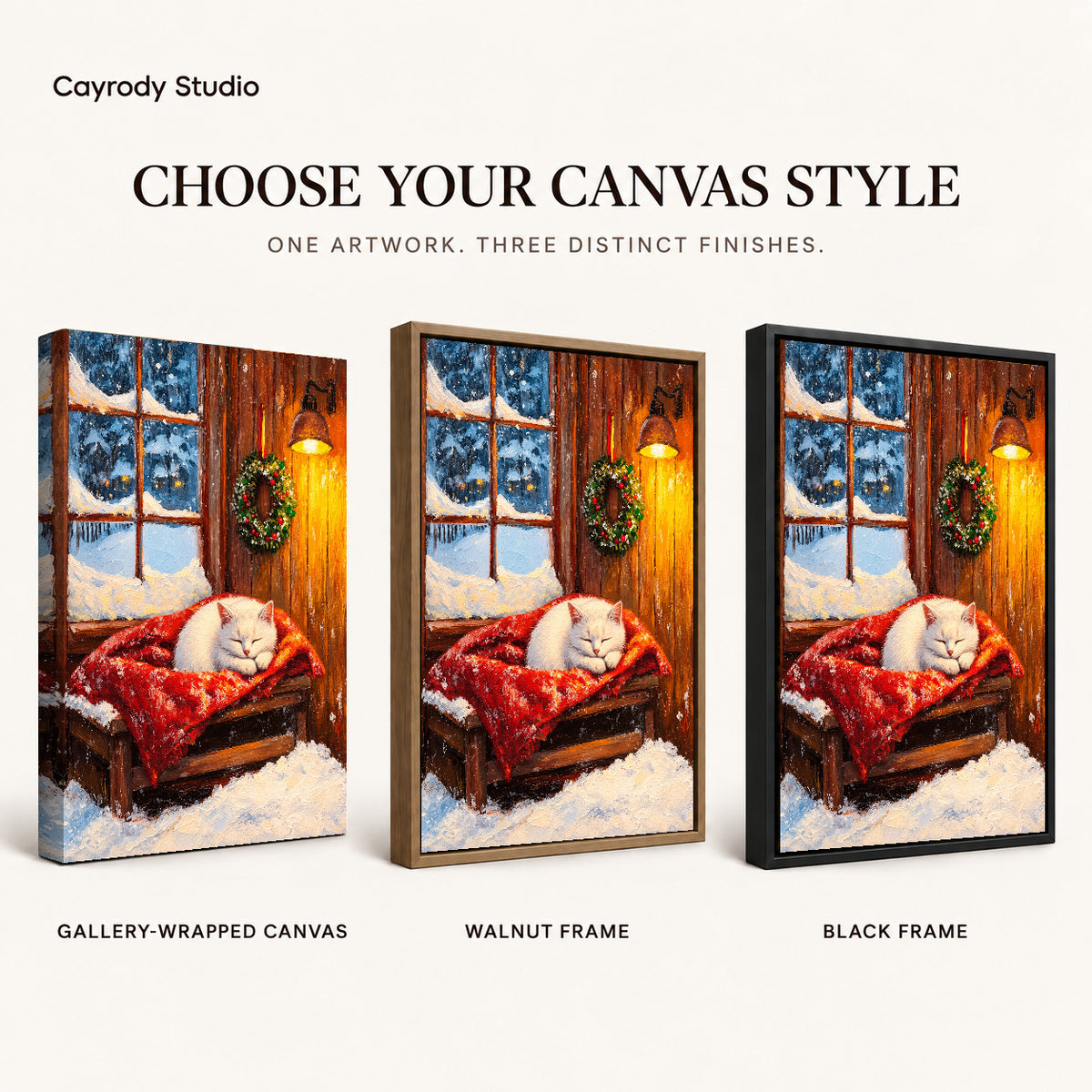 Winter Kitten Canvas Art shown in gallery wrapped canvas, walnut frame, and black frame finishes.
