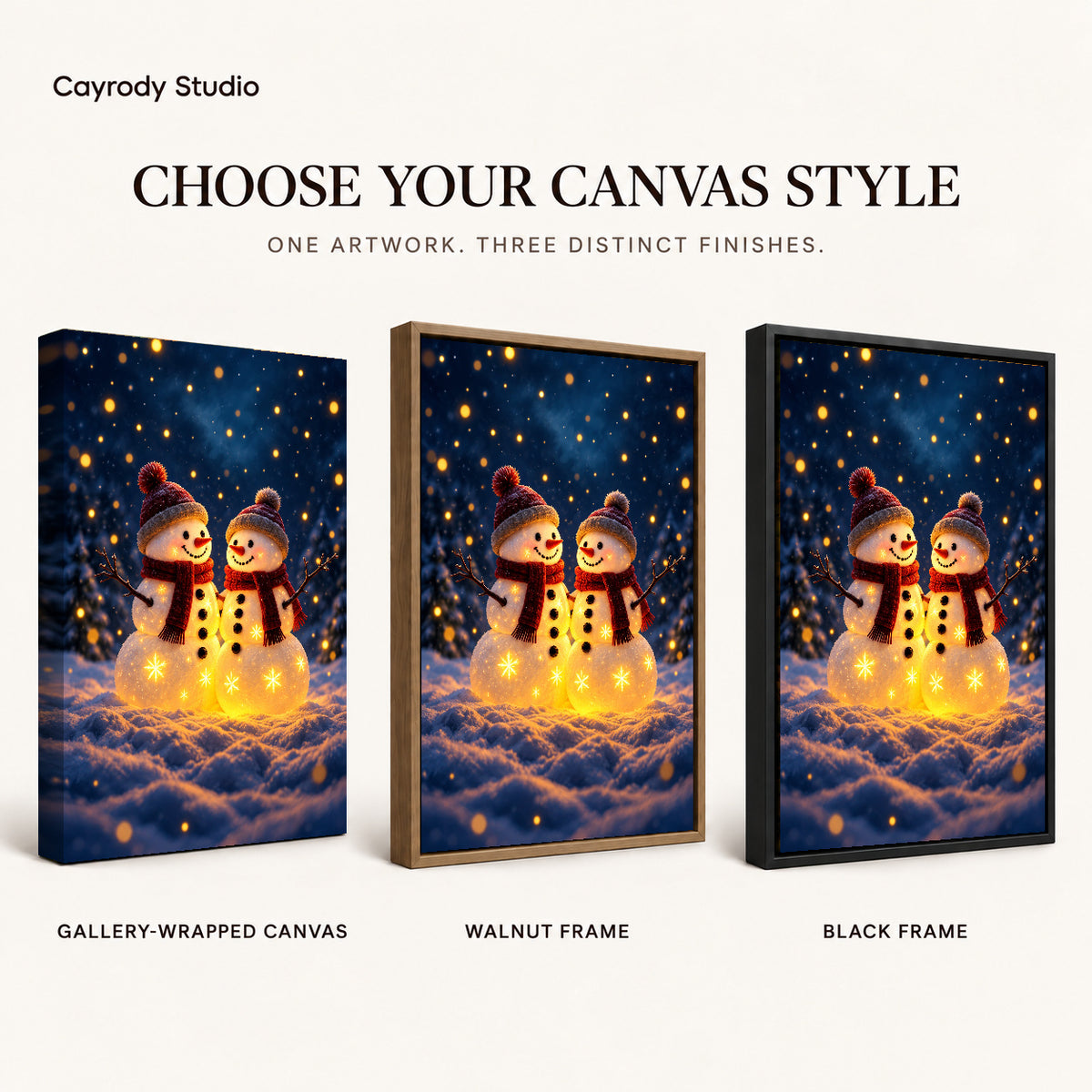 Snowman Canvas Art shown in gallery wrapped canvas, walnut frame, and black frame finishes.