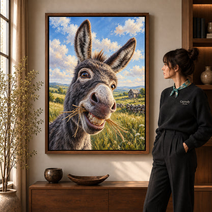 Donkey Canvas Art in a walnut frame beside a standing woman and warm wooden furniture.