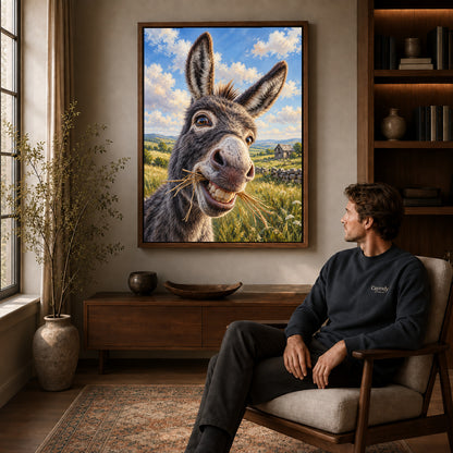 Donkey Canvas Art displayed in a walnut frame above wooden furniture beside a seated man.