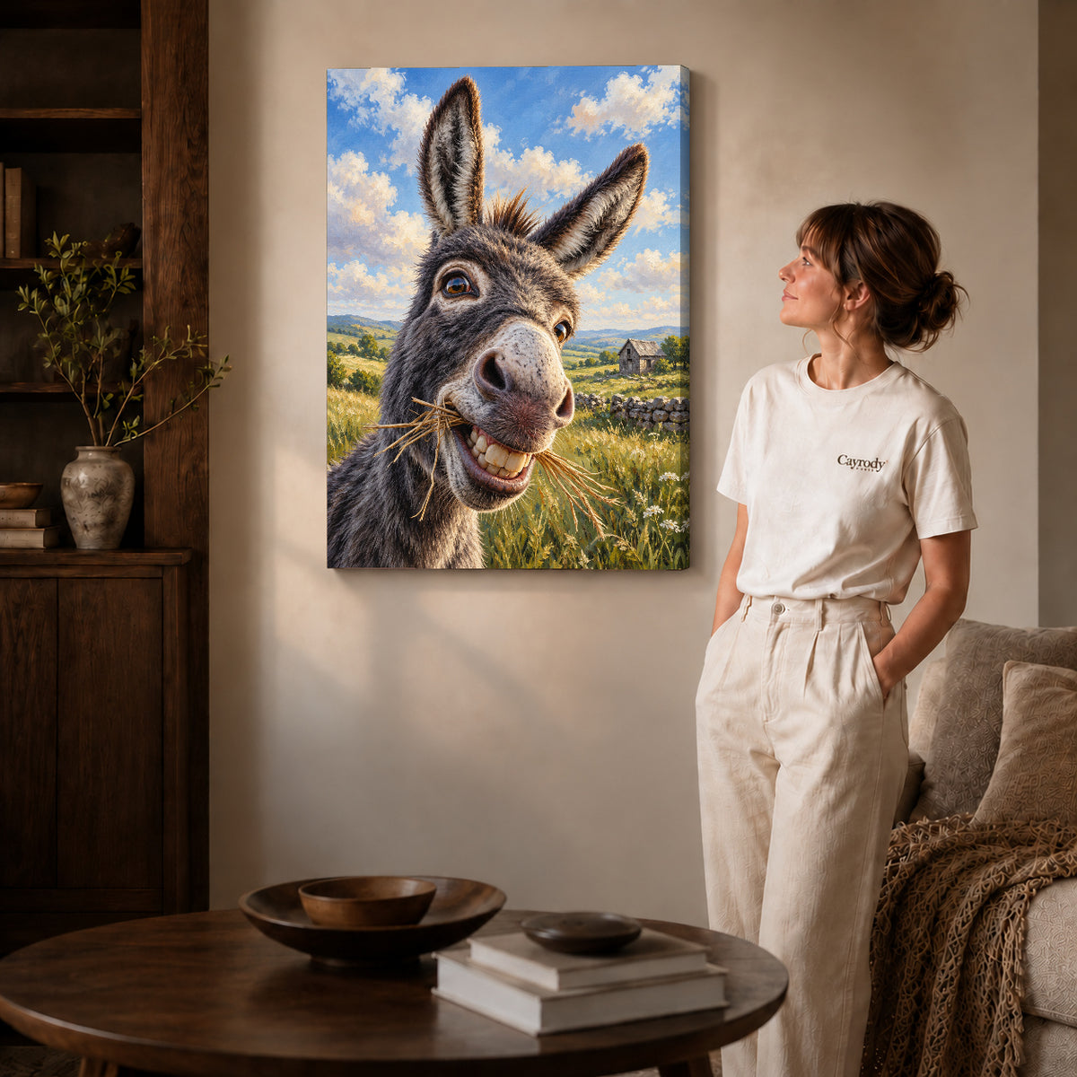 Donkey Canvas Art on gallery wrapped canvas with visible depth beside a woman in white.