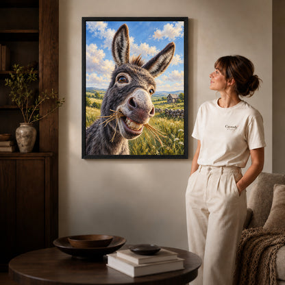 Donkey Canvas Art inside a black frame in a softly lit living room with books.