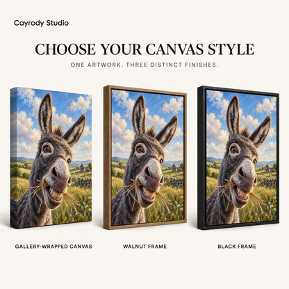 Donkey Canvas Art shown in gallery wrapped canvas, walnut frame, and black frame finishes.