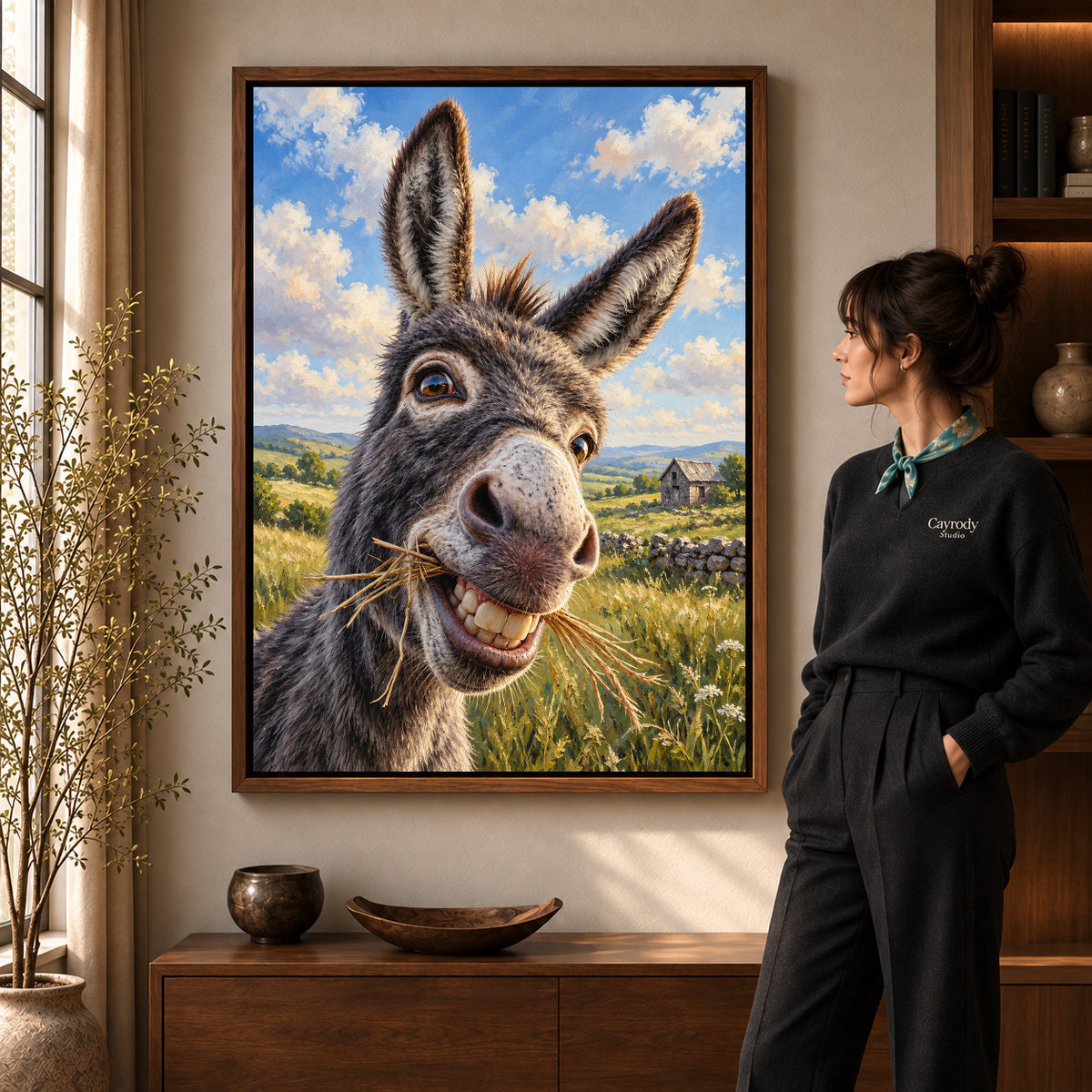 Walnut framed donkey canvas art with the complete artwork displayed in a warm living room.