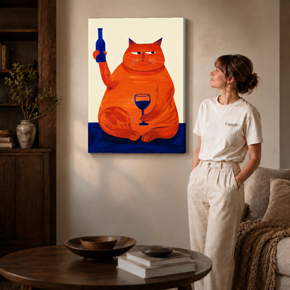 Funny Cat Canvas Art on gallery wrapped canvas with visible depth beside a woman in white.