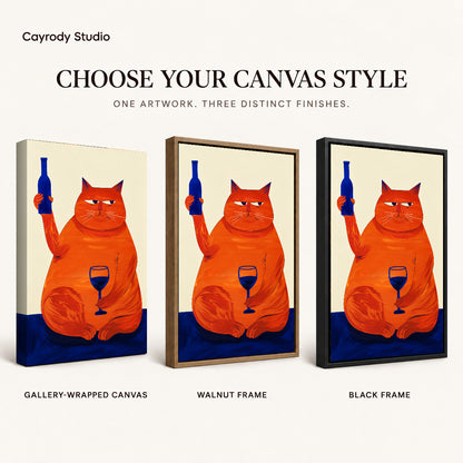 Funny Cat Canvas Art shown in gallery wrapped canvas, walnut frame, and black frame finishes.