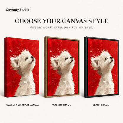 White Puppy Canvas Art shown in gallery wrapped canvas, walnut frame, and black frame finishes.