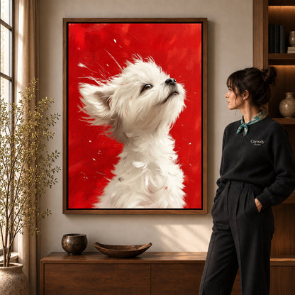 Walnut framed white puppy canvas art with the complete artwork displayed in a warm living room.