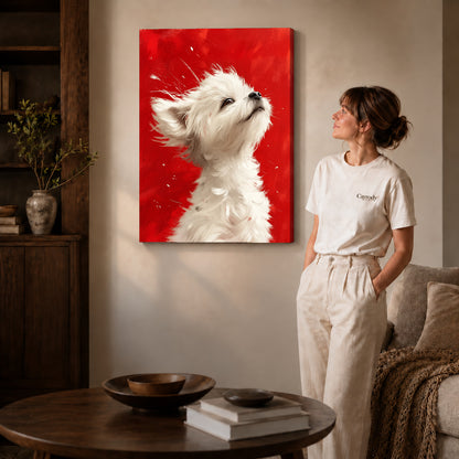 Gallery wrapped white puppy canvas art showing dimensional edges and soft shadows in a living room.