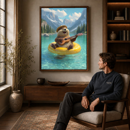 Otter Canvas Art displayed in a walnut frame above wooden furniture beside a seated man.