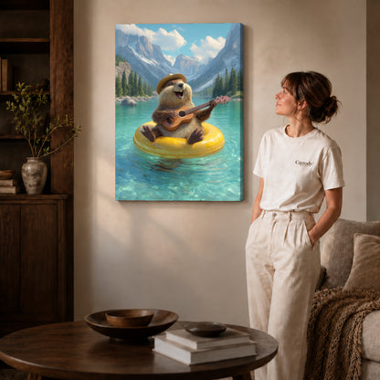 Otter Canvas Art on gallery wrapped canvas with visible depth beside a woman in white.