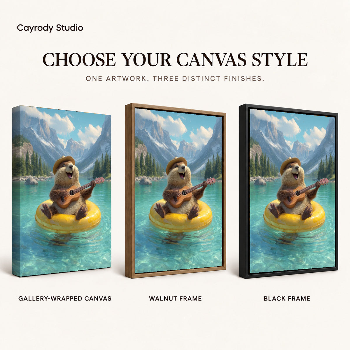 Otter Canvas Art shown in gallery wrapped canvas, walnut frame, and black frame finishes.