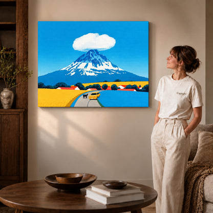 Mount Fuji Canvas Art on gallery wrapped canvas with visible depth beside a woman in white.