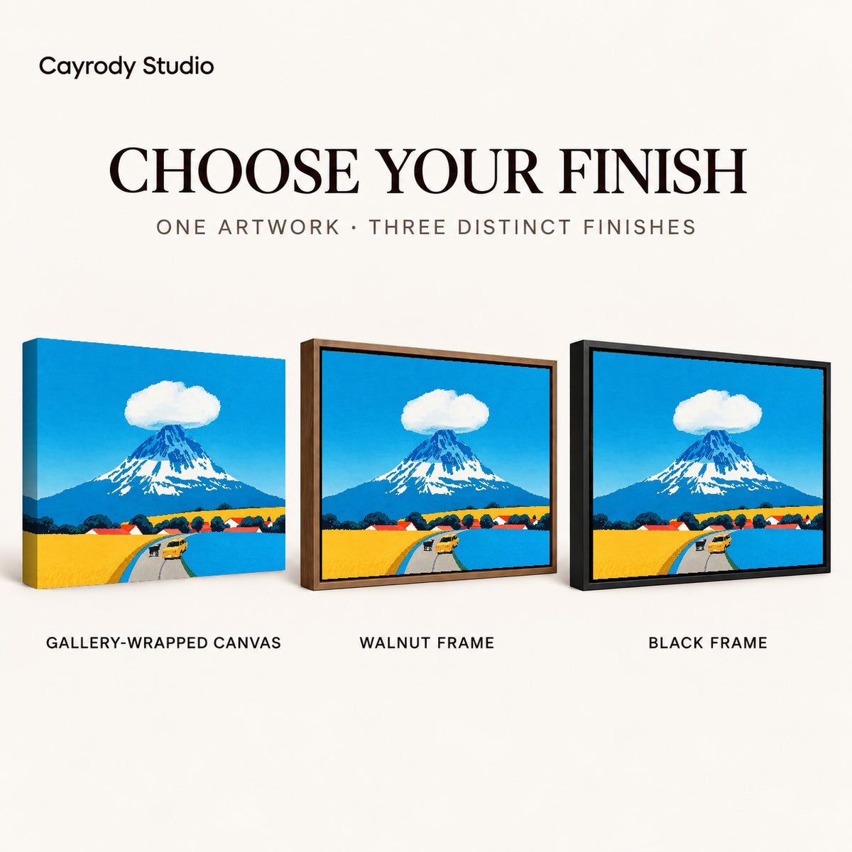 Mount Fuji Canvas Art shown in gallery wrapped canvas, walnut frame, and black frame finishes.