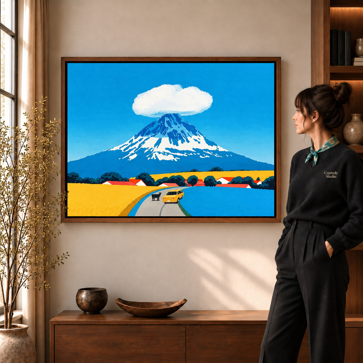 Walnut framed mount fuji canvas art with the complete artwork displayed in a warm living room.