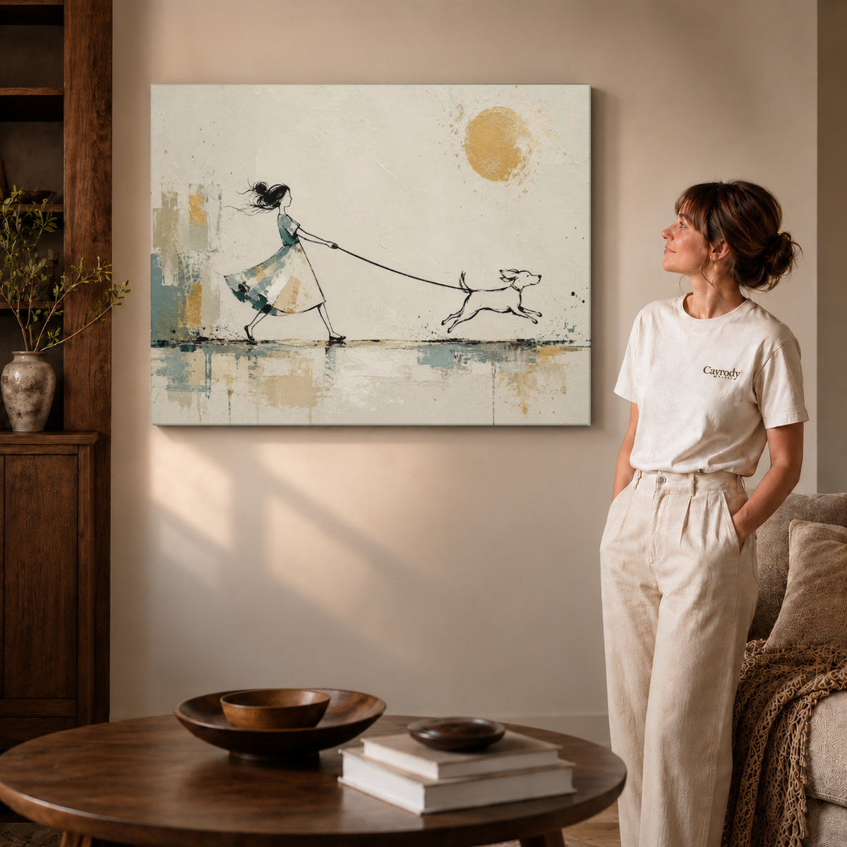 Dog Walking Canvas Art on gallery wrapped canvas with visible depth beside a woman in white.