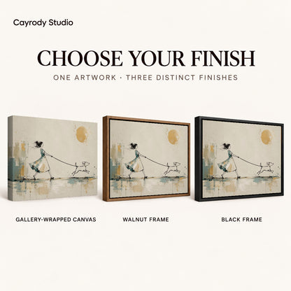 Dog Walking Canvas Art shown in gallery wrapped canvas, walnut frame, and black frame finishes.