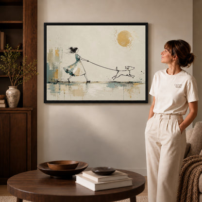 Black framed dog walking canvas art displayed beside a woman with natural light across the wall.