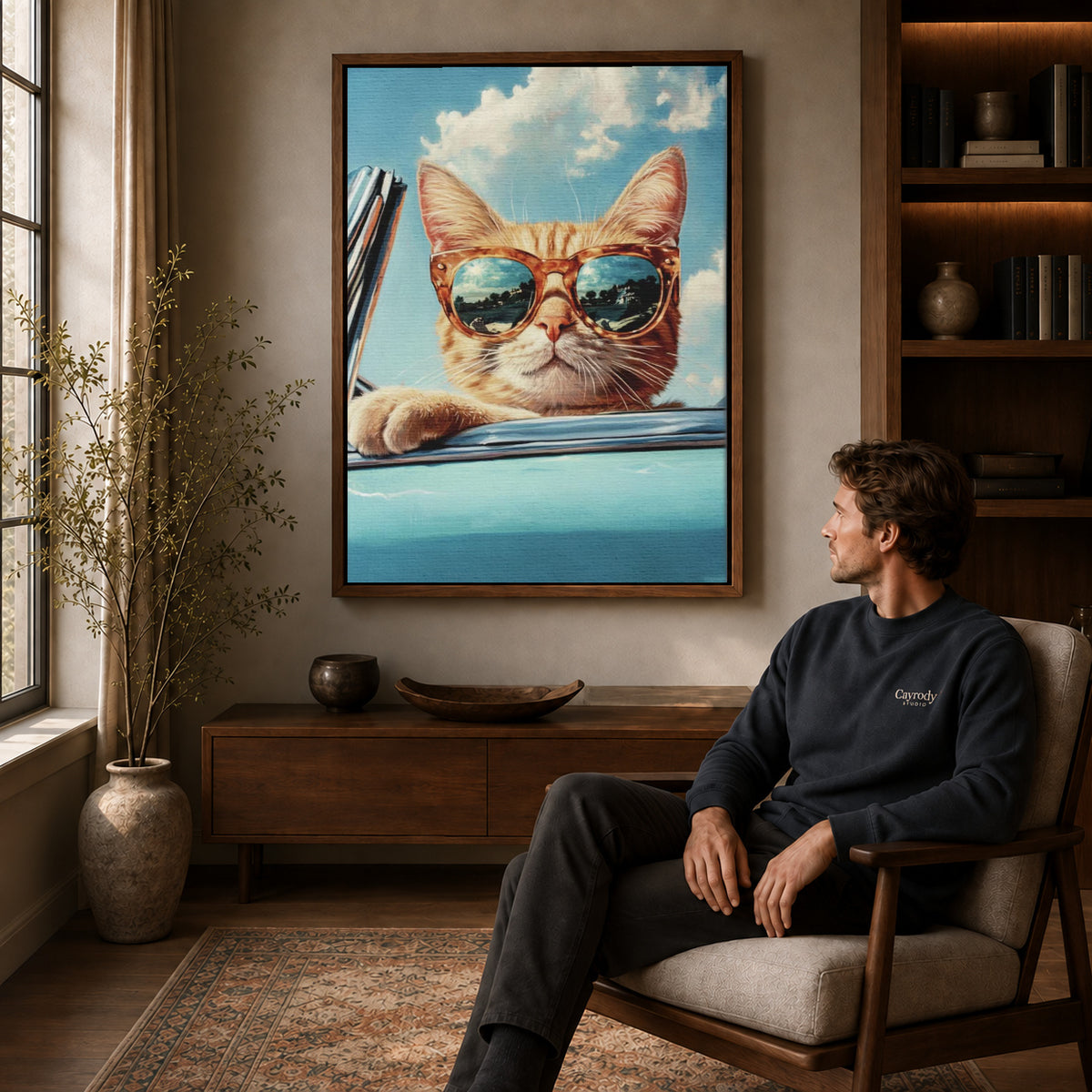 Retro Cat Canvas Art displayed in a walnut frame above wooden furniture beside a seated man.