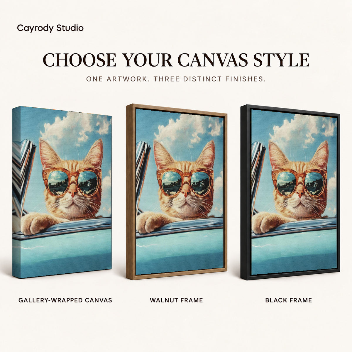 Retro Cat Canvas Art shown in gallery wrapped canvas, walnut frame, and black frame finishes.
