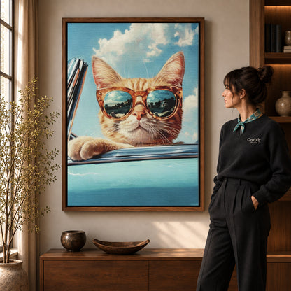 Walnut framed retro cat canvas art with the complete artwork displayed in a warm living room.