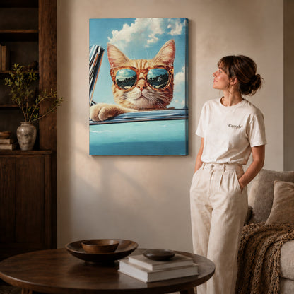 Gallery wrapped retro cat canvas art showing dimensional edges and soft shadows in a living room.