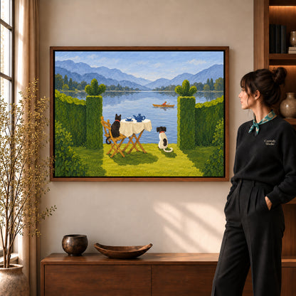 Lakeside Pets Canvas Art in a walnut frame beside a standing woman and warm wooden furniture.